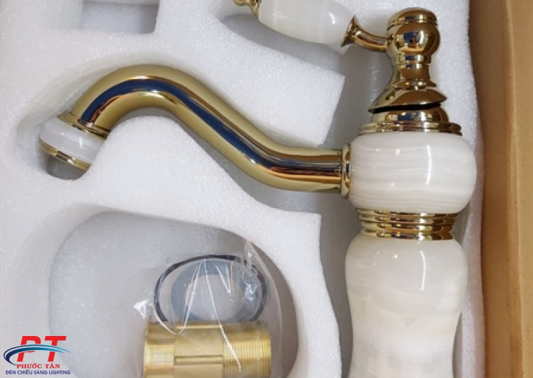 Vòi lavabo 20cm thân vàng sứ trắng mỏ cong VLVB-533